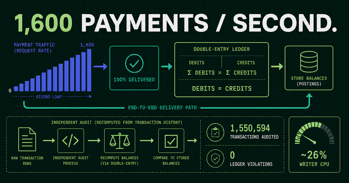 Load-test diagram showing 1,600 payments per second, full delivery, equal debits and credits, an independent audit over 1,550,594 transactions, zero ledger violations, and about 26 percent writer processor use.